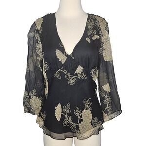 ICE‎ Silk Floral Blouse Black Boho Dark Fairy Sheer 3/4 Sleeve Lined Top Size 10